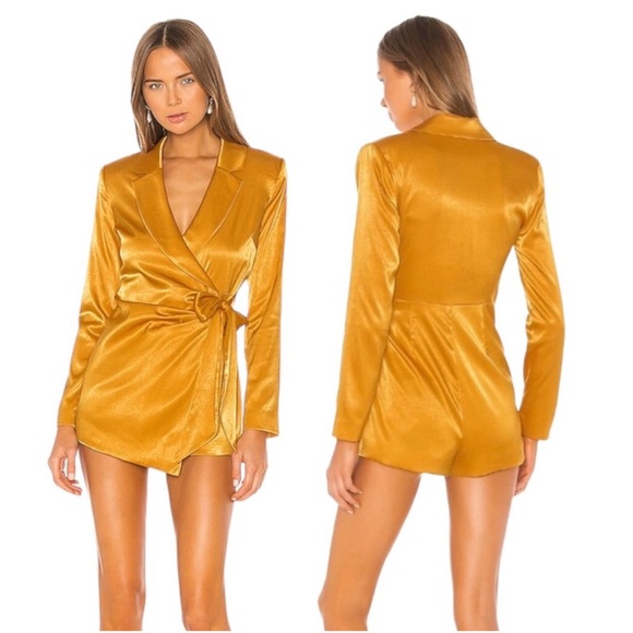 CAMILA COELHO Ellie Wrap Front Romper Shoulder Pad Blazer Dress Gold Satin XS